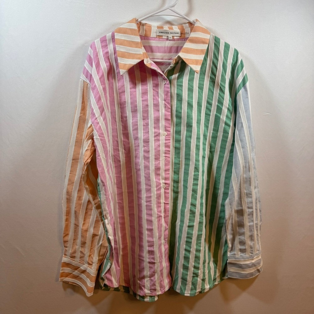 English Factory Mens Colorblock Striped Button Down Shirt Pastel Multi Large